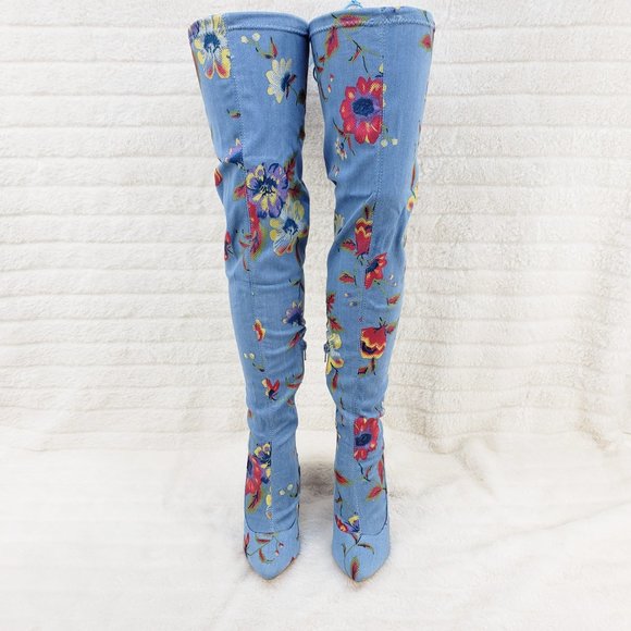 Stretch Floral Print Denim Draw String Top high heel thigh boots - Picture 5 of 11